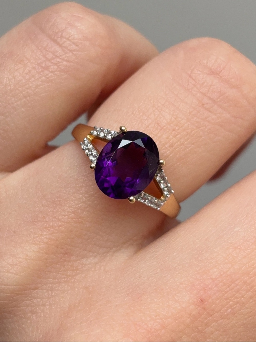 10k Gold Purple Amethyst White Topaz Gemstone Oval Birthstone Ring